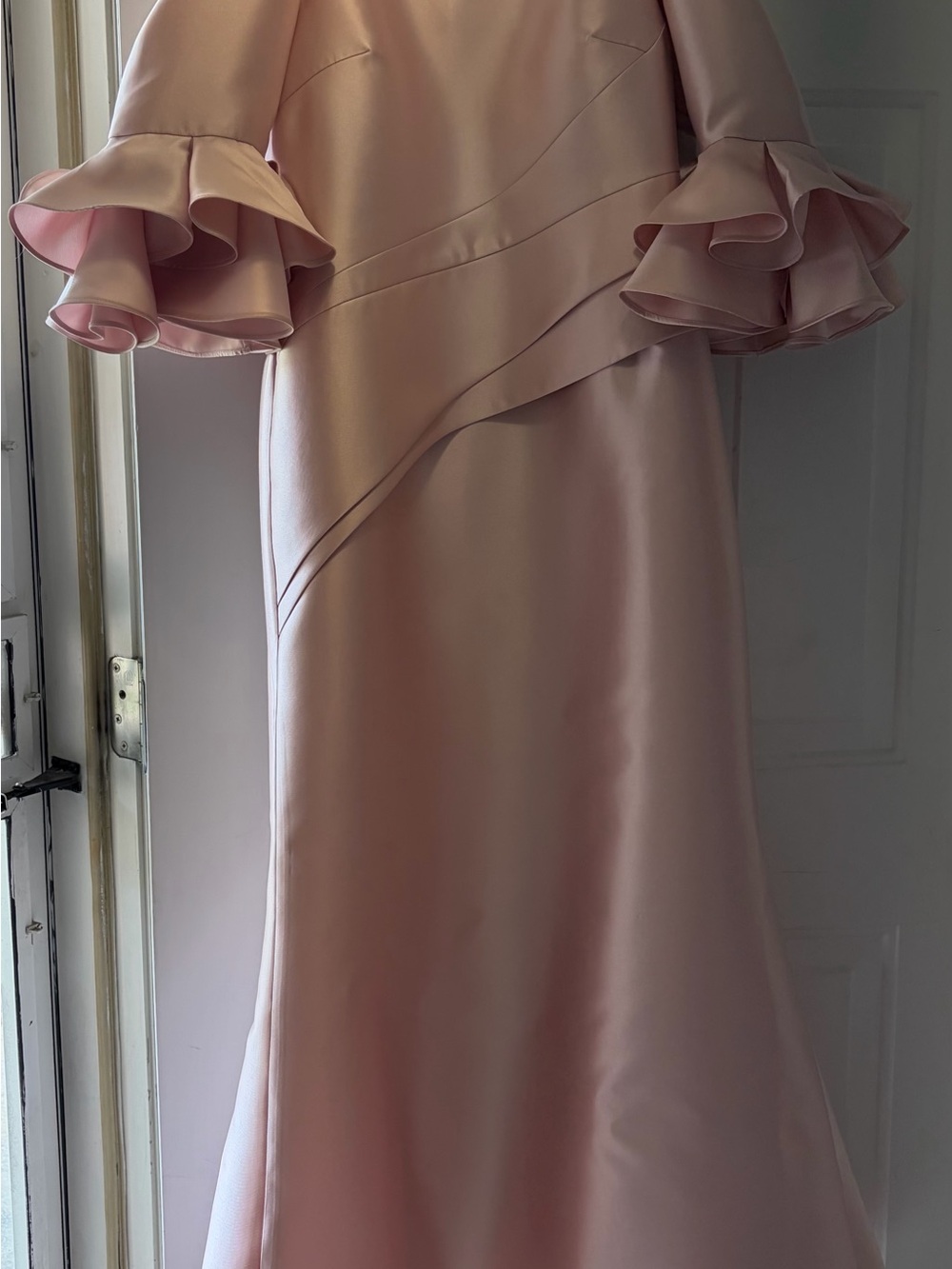 Elegant Blush Off-Shoulder Gown with Statement Ruffle Sleeves - Picture 2 of 4